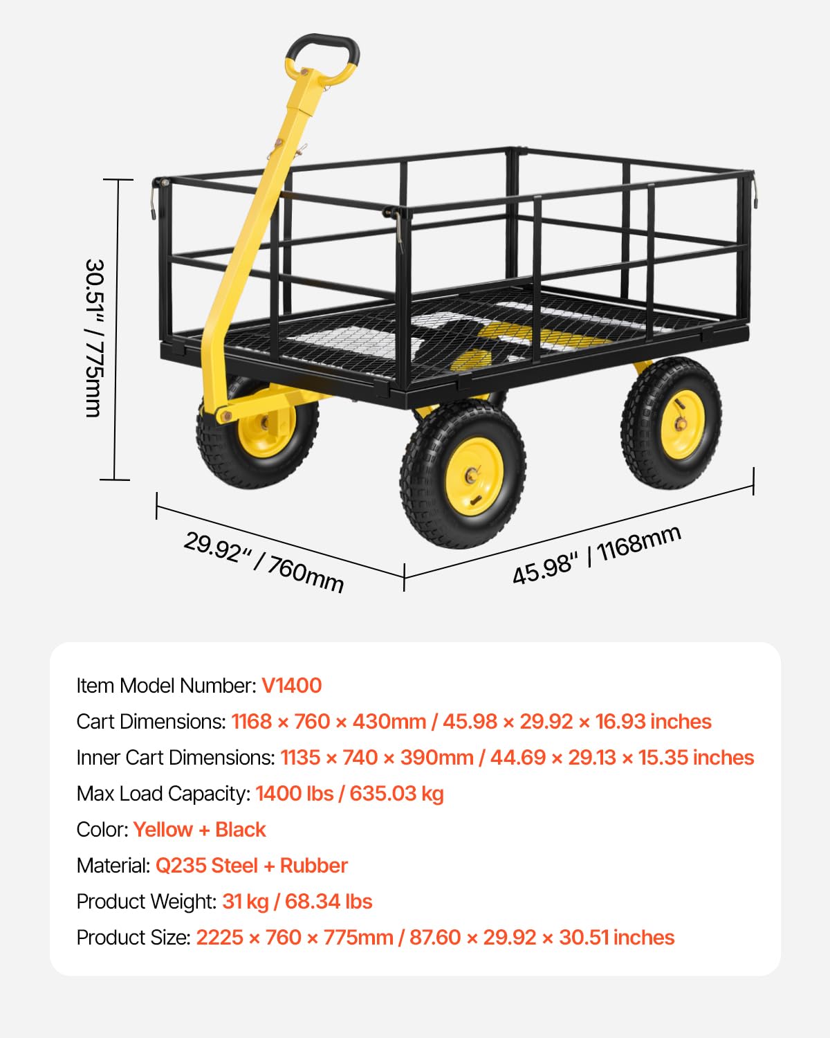 VEVOR Steel Garden Cart, 1400 lbs Heavy Duty Pullable Garden Wagon Yard Cart, 2 in 1 Outdoor Metal Utility Wagon Yard Trailer with 13" All Terrain Tires, Mesh Detachable Sides and 180° Rotating Handle
