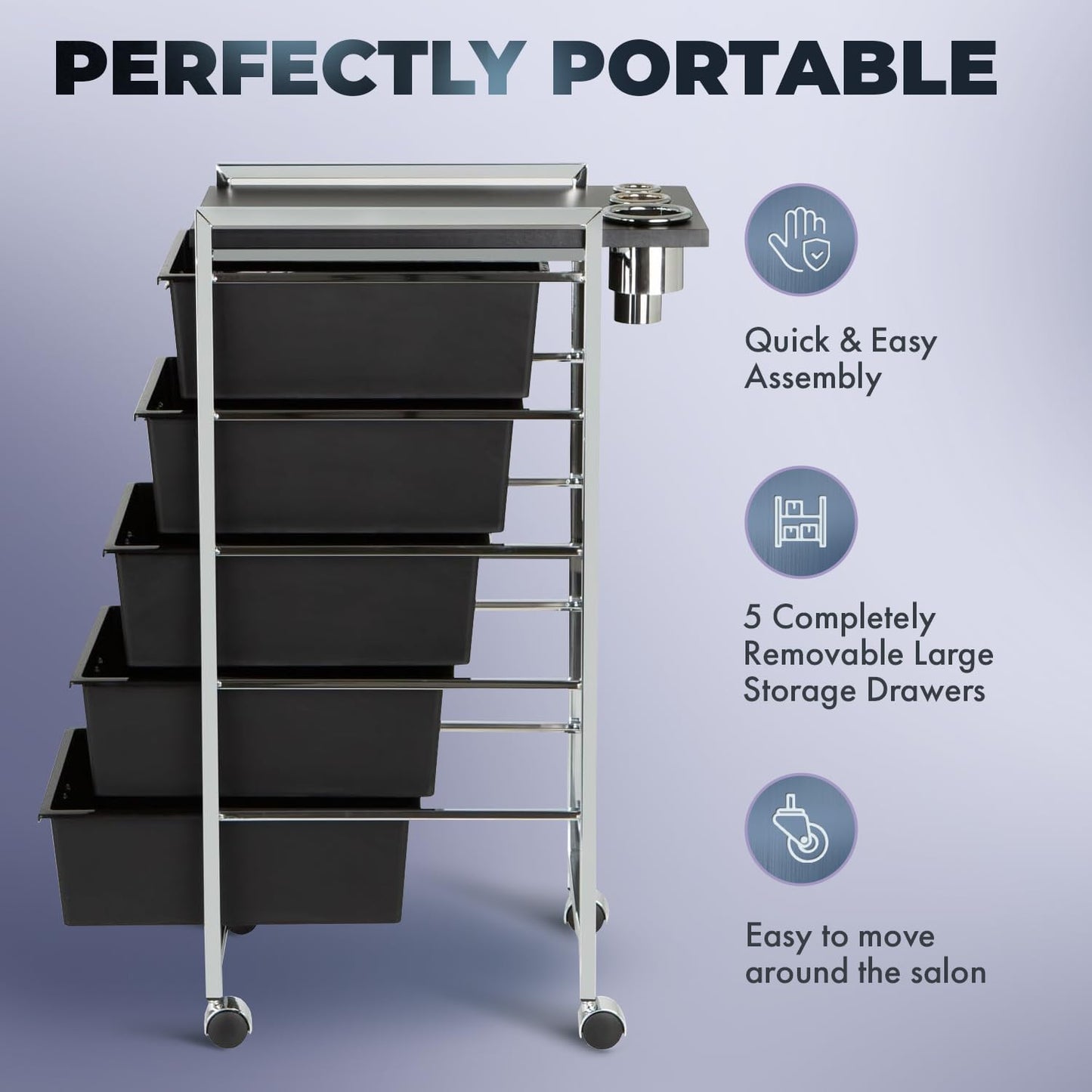 Pibbs D29-BLK 5-Tier Professional Salon Utility Cart with Wheels - Black Styling Station with Metal Appliance Holders, Extra-Large Work Surface & 5 Removable Storage Drawers – Durable & Mobile