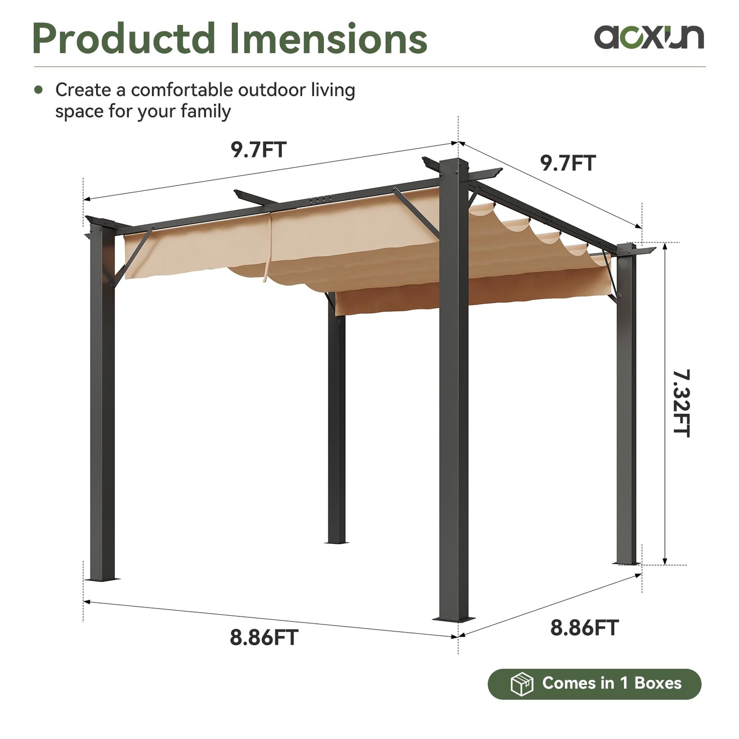 Aoxun 10'x10' Outdoor Pergola, Heavy Duty Metal Frame Patio Pergola with Adjustable Retractable Sun Shade Canopy, Modern Backyard Pergola for Garden, Deck, Patio, Lawn and Outdoor
