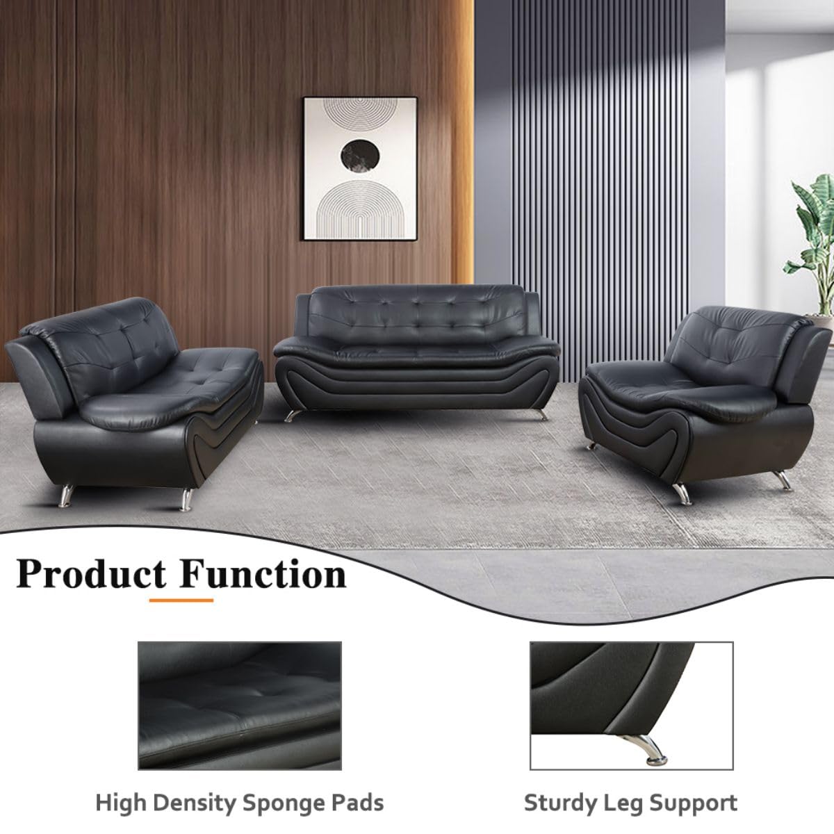 UOCFYK Lounge Comfy Faux Leather Sofa Modern Loveseat Couch for Small Living Room/Dorm/Bedroom/Office/Apartment for Small Spaces, (Black-1, Two-Person Seat)
