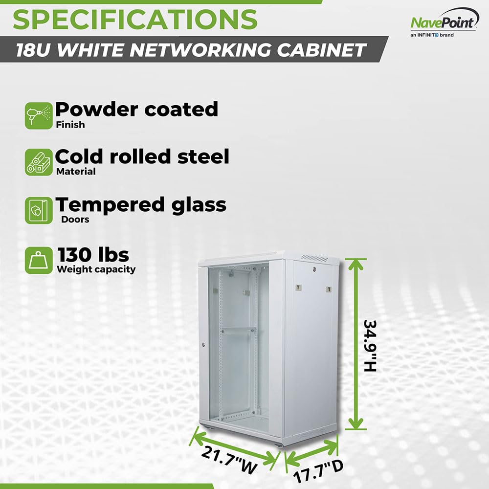 NavePoint 18U Network Cabinet with Glass Door – 18U Wall Mount Server Cabinet White 19” Rack for IT Equipment, AV Devices, Networking Equipment –17” Deep Server Rack Enclosure