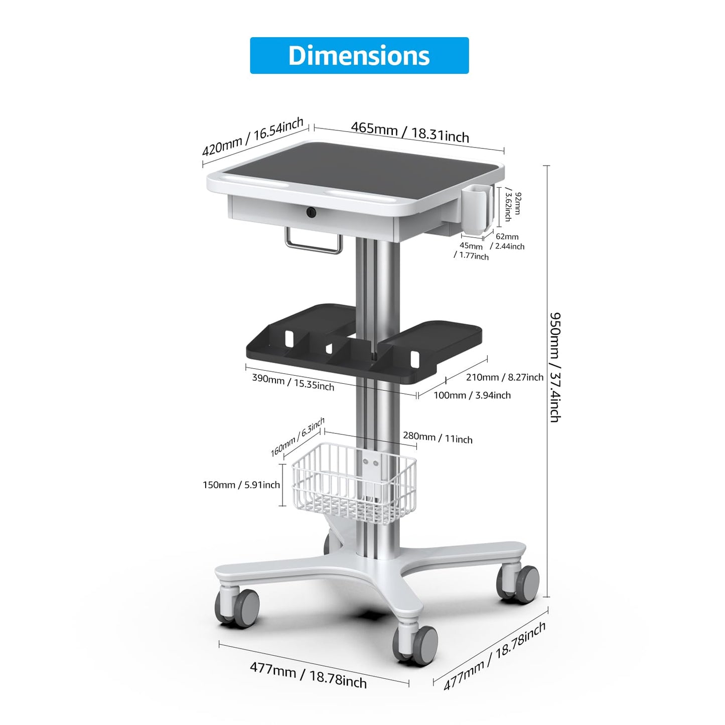 Medical Trolley Cart with Laptop Tray, Mobile Dental Clinic Workstation with Oral Scanner Holder for Hospitals Beauty Salon and Labs