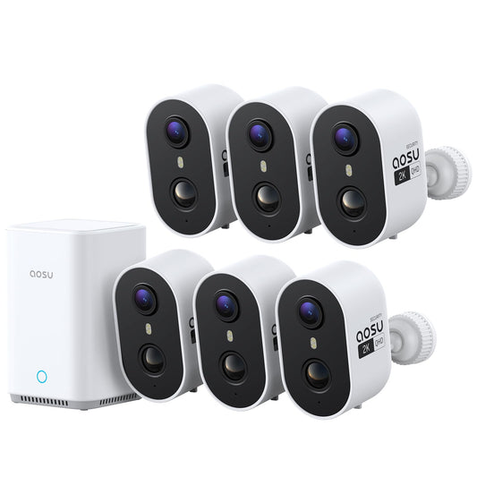 aosu Outdoor Security Cameras Wireless Home Surveillance System with aosuBase, Battery Powered, Cross-Camera Tracking, True 2K HD Color Night Vision, Spotlight, Motion Alert, Easy Setup, 6-Cam-Kit