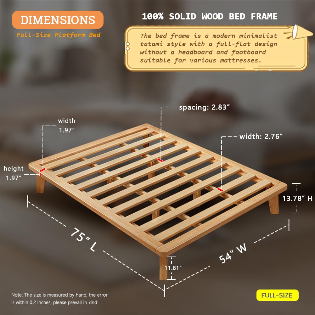 NELYE Full Platform Bed Base - 14 Inch Solid Wood Mattress Foundation with Support Slats and Legs, Full-Size Rubberwood Simple Bed Frame