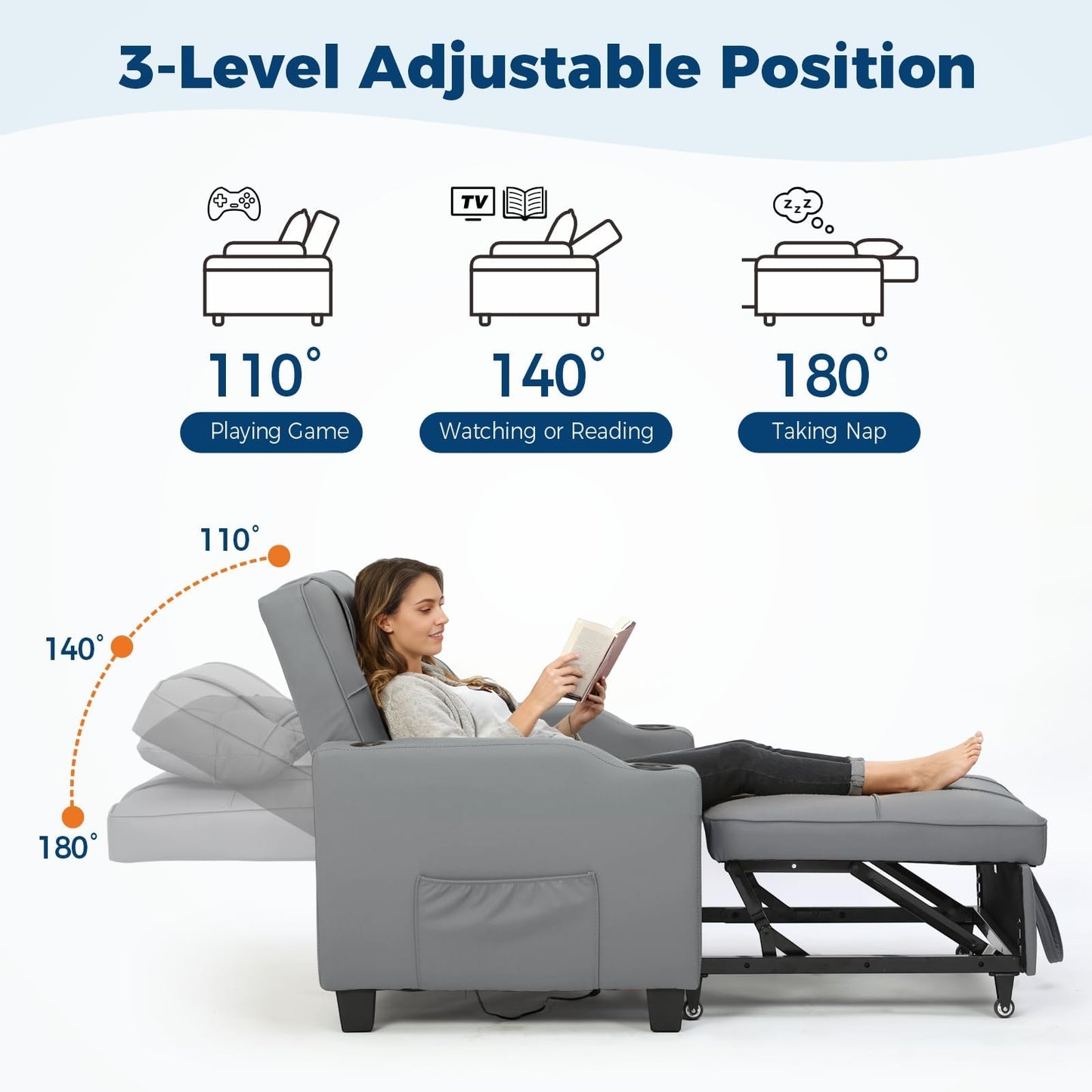Sleeper Chair Pull Out Bed, 4 in 1 Convertible Sofa Chair Bed with Vibration Massage Lumbar Pillow, Single Sofa Recliner with USB/Type-C Port, Cup Holders and Side Pocket for Small Spaces (Grey)