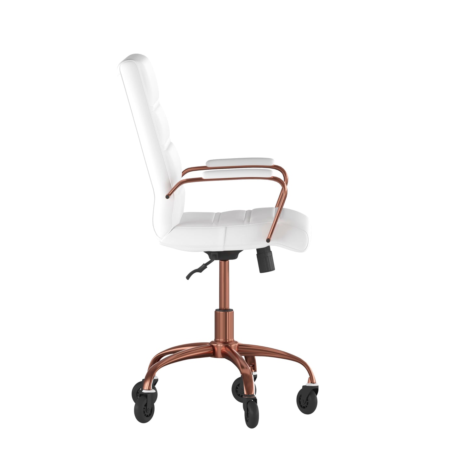 Flash Furniture Camilia Mid-Back White LeatherSoft Executive Swivel Office Chair with Rose Gold Frame, Arms, and Transparent Roller Wheels