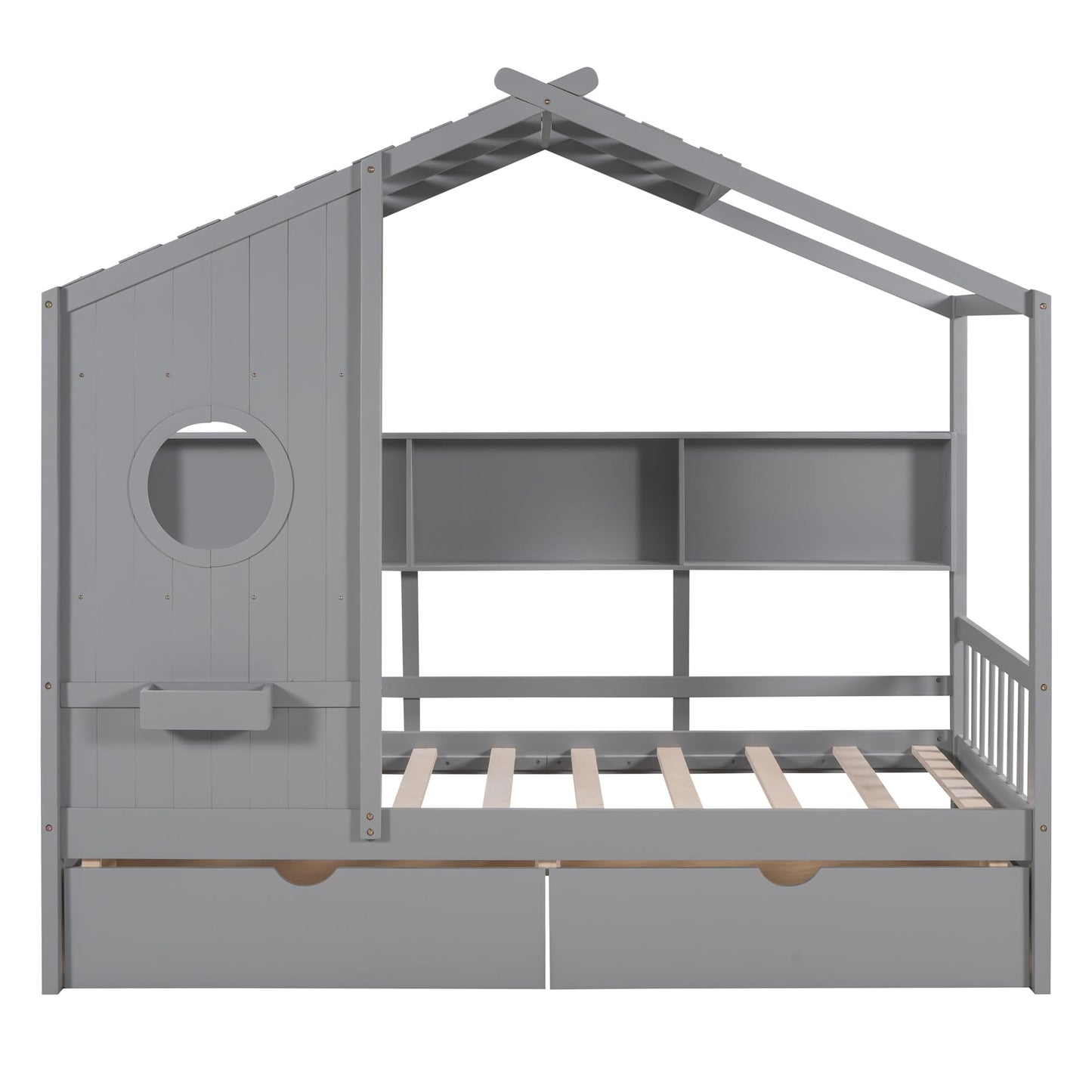 Twin Size House Bed with Storage Drawers,Kids House Bed Frame with Shelves,Cute Wood House Bed Twin with Roof for Kids,Girls,Boys,Gray