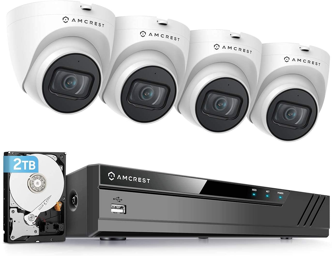 Amcrest 5MP POE Security Camera System Outdoor, 8CH POE NVR, 4pcs 5MP Turret Cameras, IP67 Metal Turret IP Cameras, Built in Mic, Pre-Installed 2TB Hard Drive, NV4108E-IP5M-T1179EW4-2TB