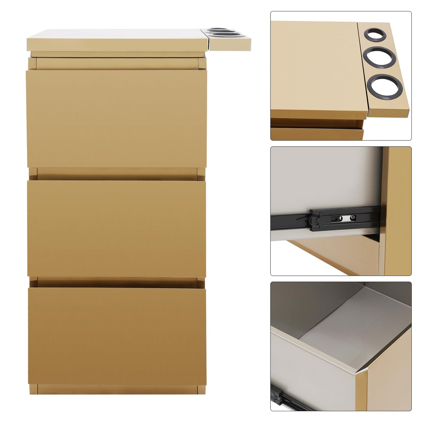 Salon Station for Hair Stylist, 3-Drawer Stainless Steel Salon Storage Cabinet Barber Organizer with 3 Hair Dryer Holders, Smooth & Silent Sliding (Gold)