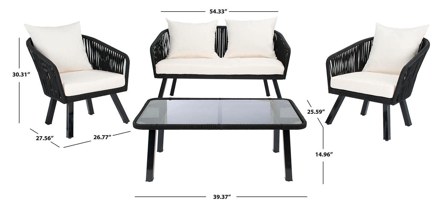Safavieh Outdoor Collection Jorda Wicker Cushion 4-Piece Rope Patio Backyard Living Set PAT7518B, Black/Beige