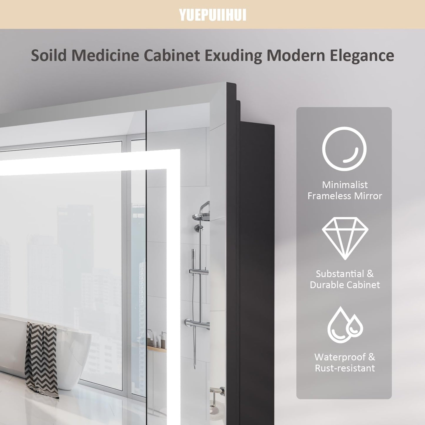 YUEPUIIHUI 24X30 Inch Lighted Medicine Cabinet, Recessed Medicine Cabinet with Adjustable 3-Color, Brightness Dimming, Defogger, Wall Mounted