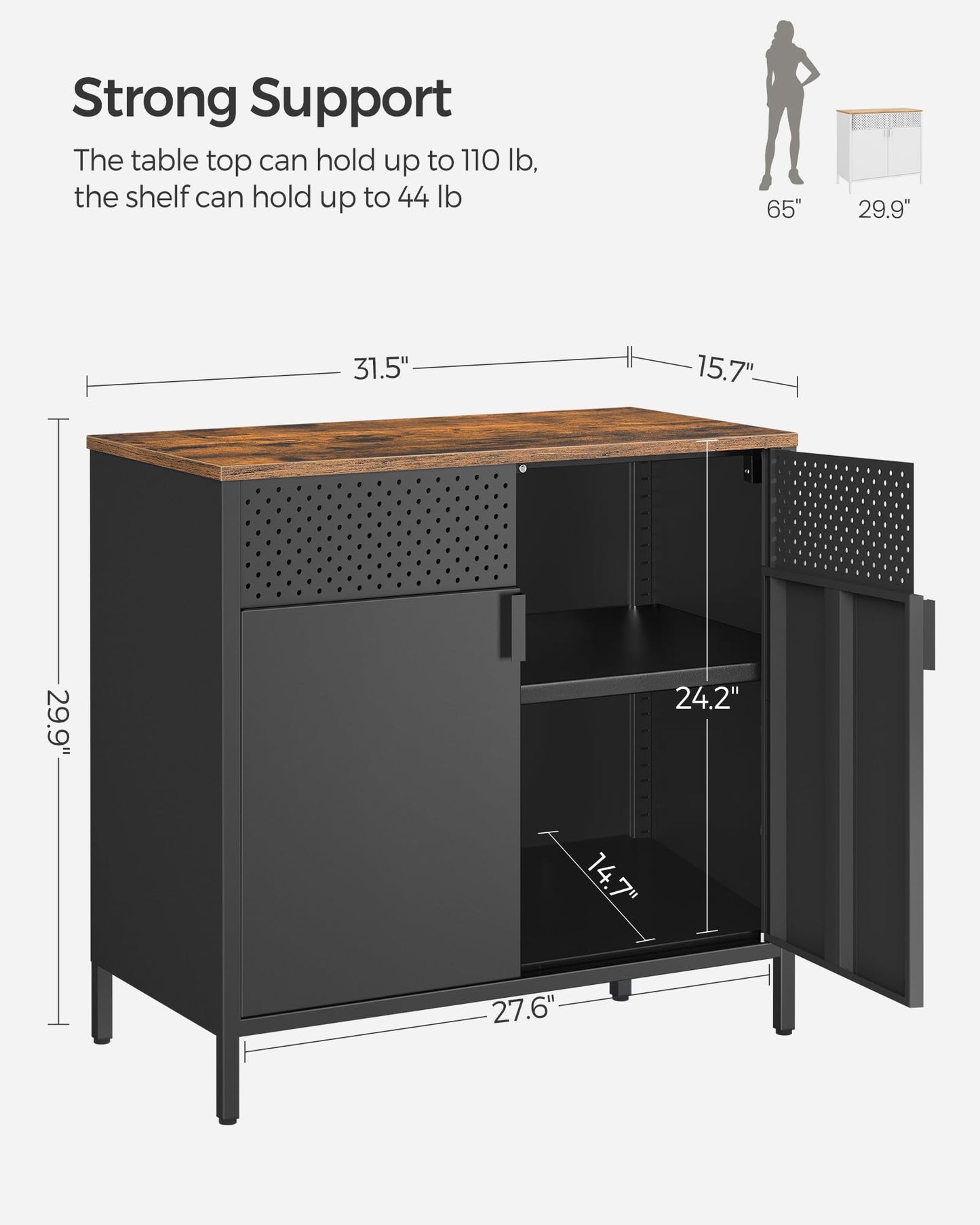SONGMICS Set of 2 Storage Cabinets, Metal Cabinet, Sideboard with 2 Doors, 15.7 x 31.5 x 29.9 Inches, Magnetic Closure, Adjustable Shelf, Steel Frame, Rustic Brown and Black ULSC791B01