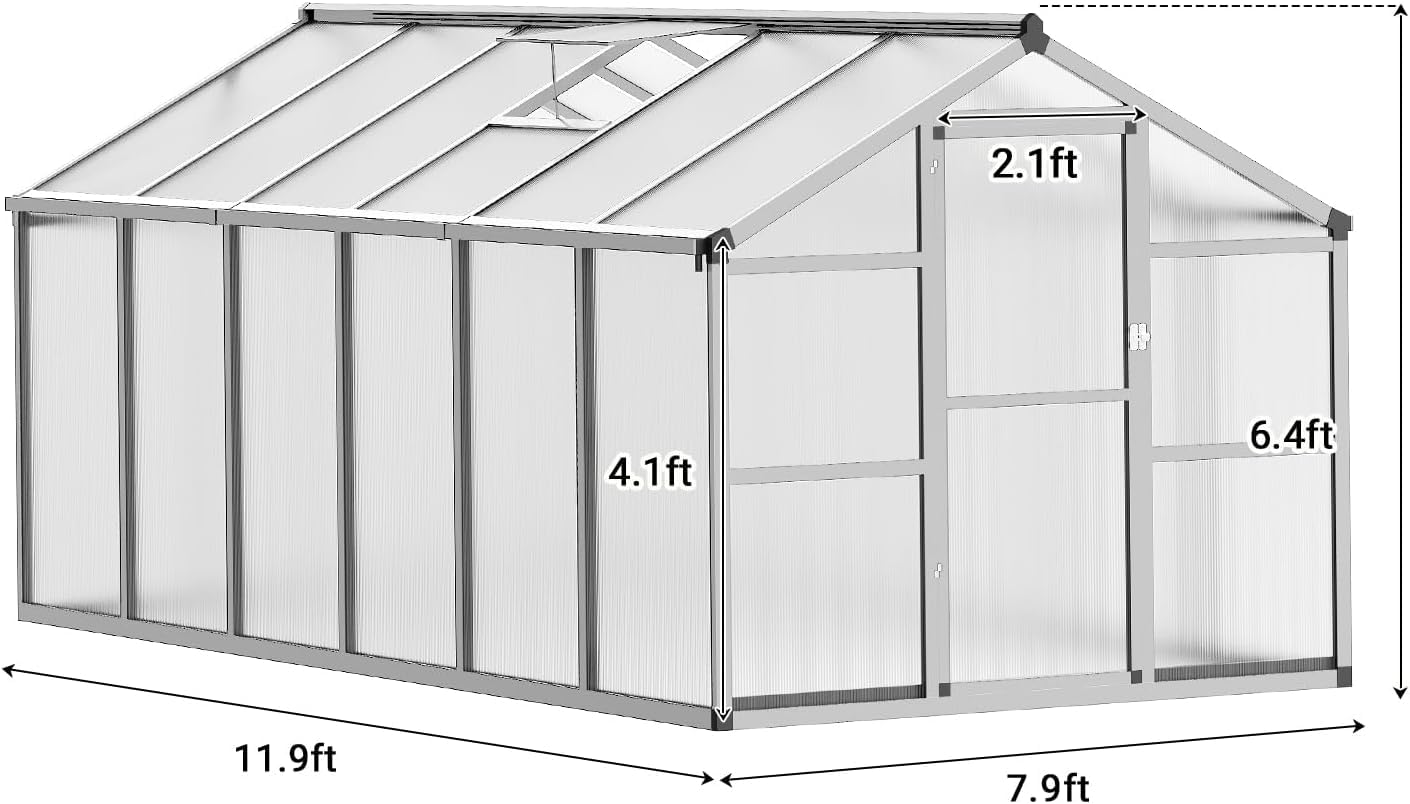 6 x 10 ft Greenhouse, Greenhouses for Outside, Polycarbonate Greenhouse with Aluminum Frame, Lockable Door and Ajustable Roof Vent for Backyard, Green Houses for Outside Garden Backyard, Patio