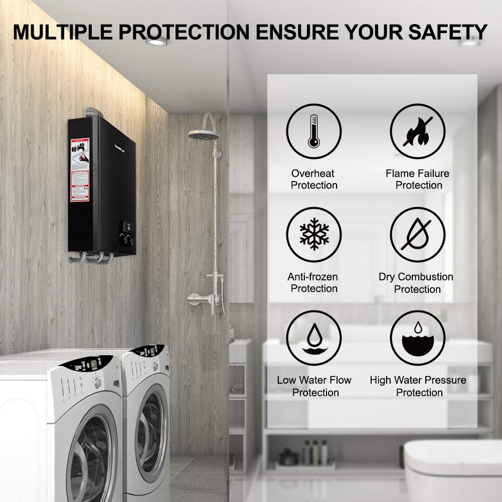 CAMPLUX Gas Tankless Water Heater Indoor, 2.64 GPM, CM264 Propane Tankless Water Heater, 68,000 BTU On Demand Instant Hot Water, Black