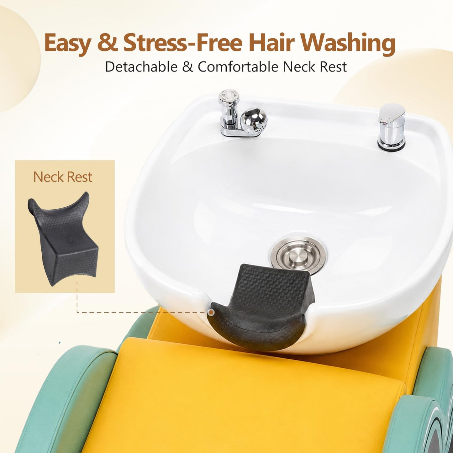 OmySalon Hair Washing Station for Kids, Ceramic Bowl with Neck Rest & UPC Certified Faucet Vacuum Breaker, Child Shampoo Bowl and Chair Set for Salon