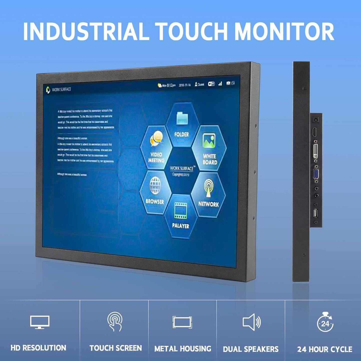 VSDISPLAY Portable Industrial Monitor with Dual Speaker,15 Inch 1024x768 4:3 IPS LCD Touchscreen and VGA DVI Video Input,Metal Shell with Bracket