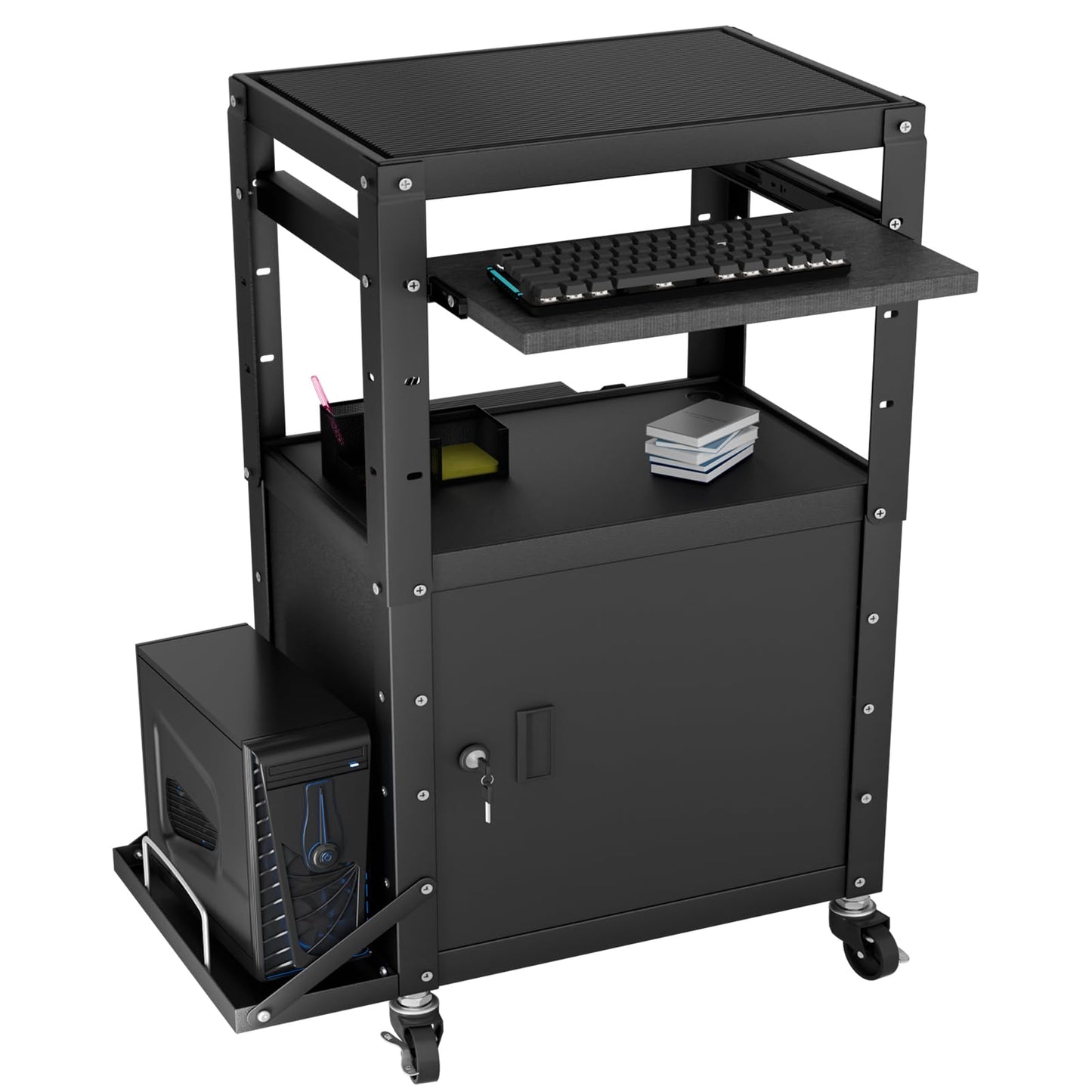 Mobile AV Cart with Side Shelves, Rolling Computer Cart Height Adjustable Rolling Media Utility Cart with Pullout Keyboard Tray Extra Storage Space, 4 Outlets, Perfect for Home or Office Use