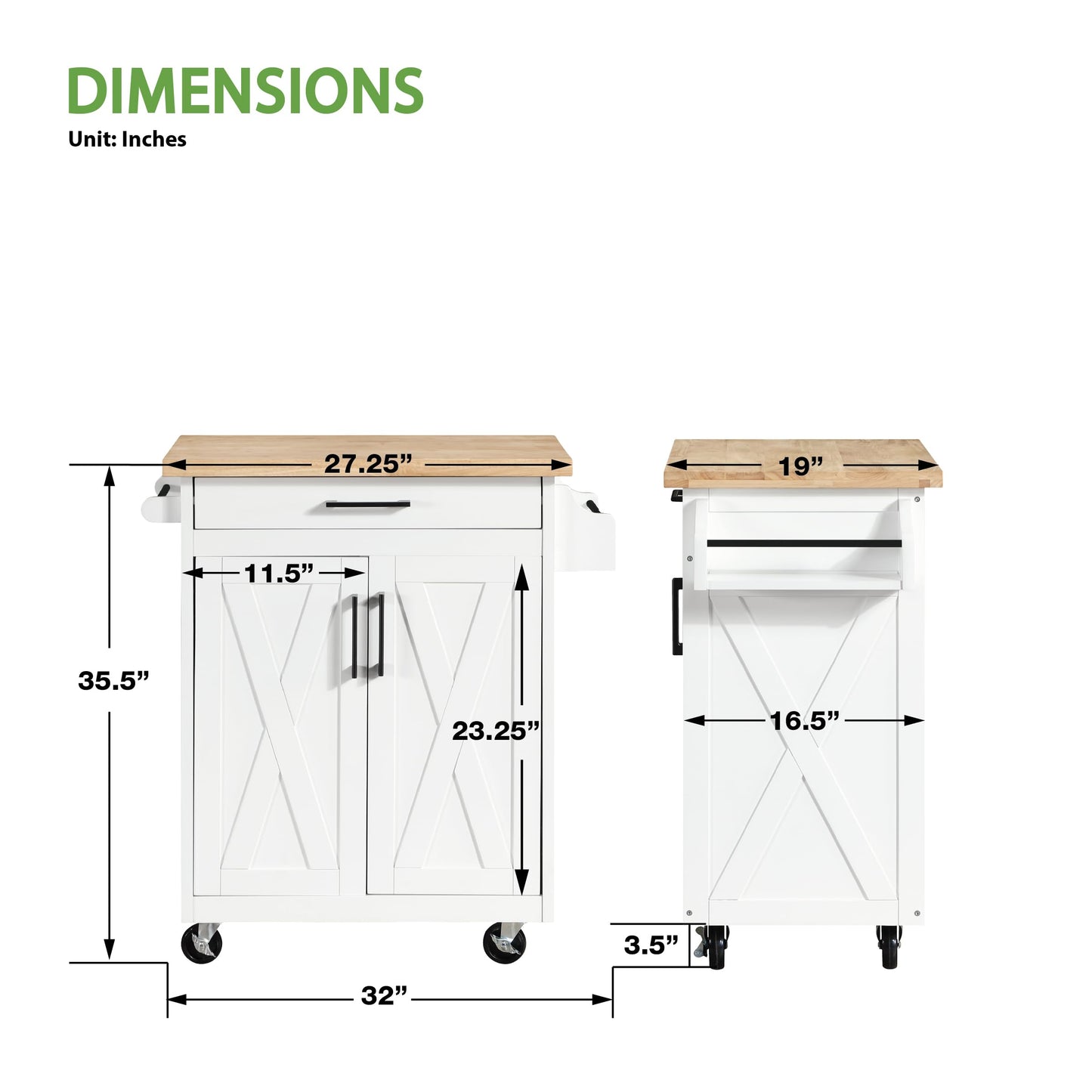 OSP Home Furnishings Bolten Farmhouse Kitchen Cart with Butcher Block Top, Rolling Island with Storage Cabinet and Drawer, 35.5H x 32W x 19D inches, White