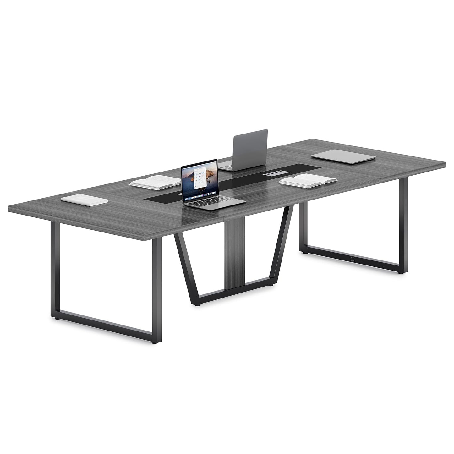 LITTLE TREE 8FT Conference Table for 10 People, Large Meeting Table, Modern Wooden Conference Room Tables with Cable Management, Business Style Training Tables with Strong Metal Legs for Office, Grey