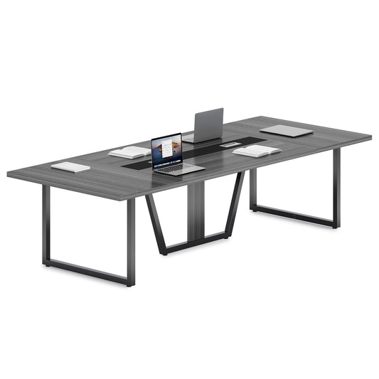 LITTLE TREE 8FT Conference Table for 10 People, Large Meeting Table, Modern Wooden Conference Room Tables with Cable Management, Business Style Training Tables with Strong Metal Legs for Office, Grey