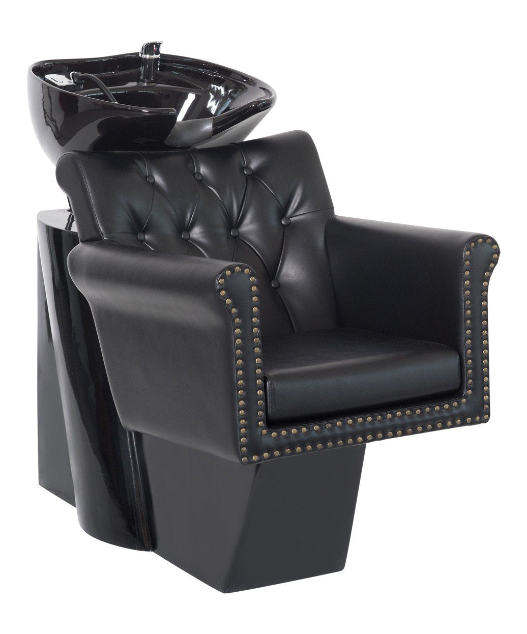 Buy-Rite Chelsea Shampoo Backwash Unit - Tufted Chair, Removable Cushion, Tilting Porcelain Bowl, Single-Lever Faucet, Vacuum Breaker & Install Kit Included - NIN-9902 (Black Chair Black Sink)