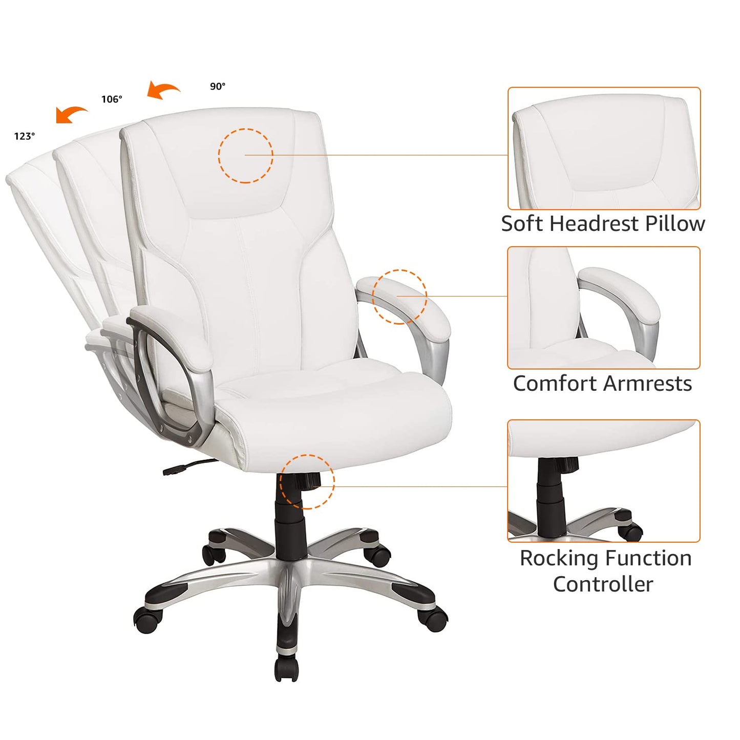 Amazon Basics Executive High Back Office Desk Chair, Adjustable Height, Tilt, Swivel, 275lb Capacity, Bonded Leather, White/Pewter