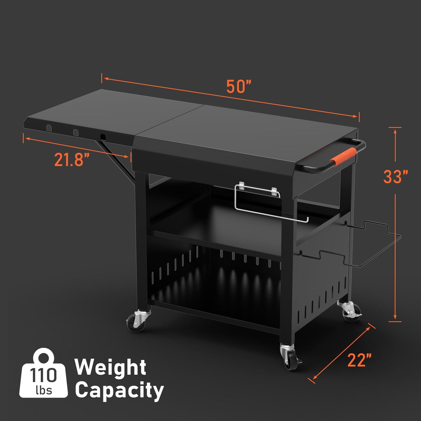 BBQMall Outdoor Grill Table Cart for Blackstone 28"/36" Omnivore Griddle, 50" x 22“ Large Outdoor Kitchen Island with Foldable Side Table for Blackstone 17”/22” Griddle, Home BBQ, Tailgates, Cookouts