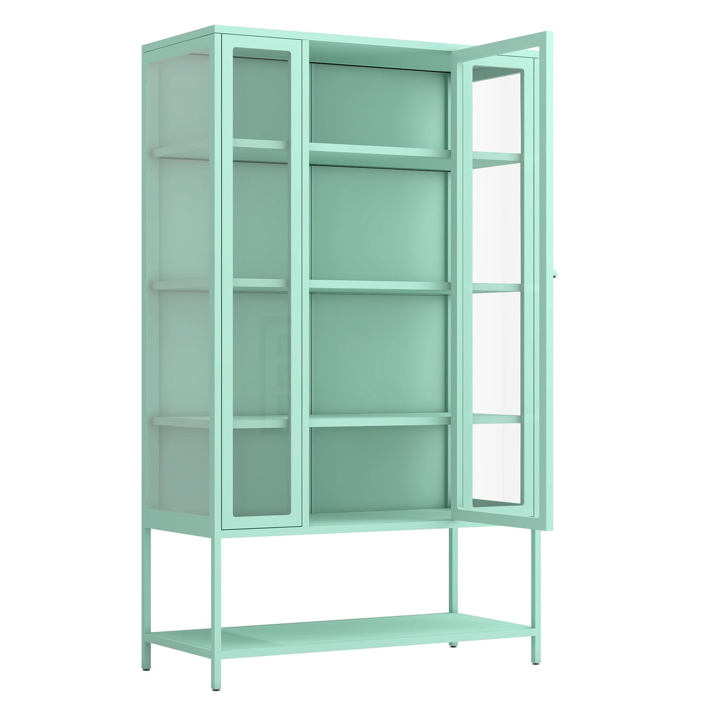 Merax 67" Tall Glass Display Cabinet with Adjustable Shelves and LED Lights, for Collectibles, Modern Steel Storage Curio Cabinet with 3-Sided Glass Display Case for Home Office Study Room, Cyan