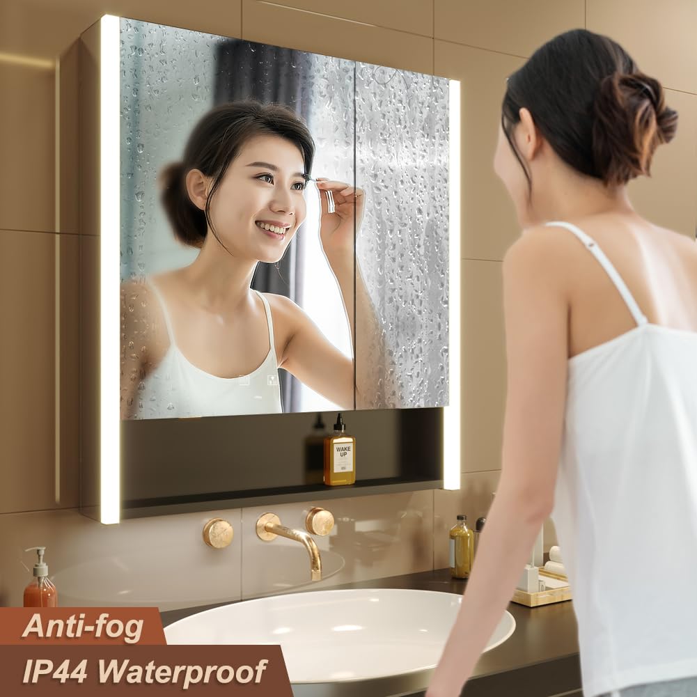 KWW LED Lighted Bathroom Medicine Cabinet with Sockets & USBs, Defogger, Dimmable, 3 Color Light Makeup Mirror, Easy to Install, Wall Mounted Cabinet (2 door-31 * 34)