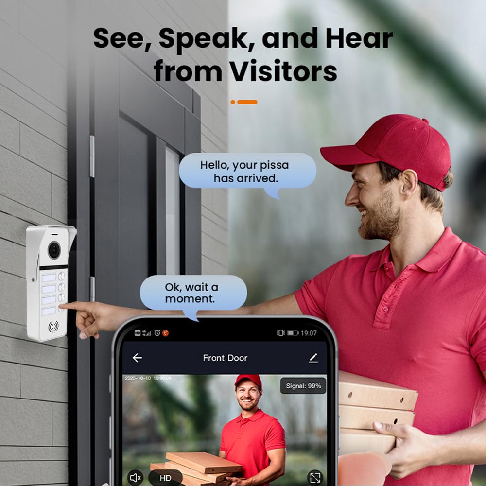 Wired Apartment Video Doorbell Intercom System,4 Units 10 Inch Touch WiFi Monitor,Wireless Video Door Phone Kit,Indoor Outdoor Support Monitoring,Unlocking,Two Way Intercom Tuya for Home Vally