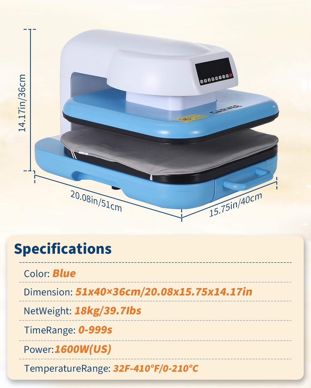 Auto Heat Press Machine 15x15 T Shirts Smart Press Machine with Auto Release and Adjustable Pressure, Digital Display, Rapid Heating, for Sublimation, Vinyl, Heat Transfer Projects, Blue