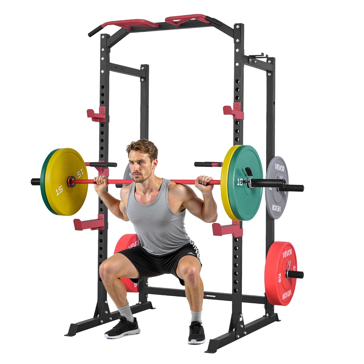 VEVOR Power Cage Power Rack, Multifunctional Barbell Squat Rack with Adjustable Height, Home Gym Strength Training Workout Equipment with J-Hooks & More Fitness Attachment for Bench Press Pull-Up Dips