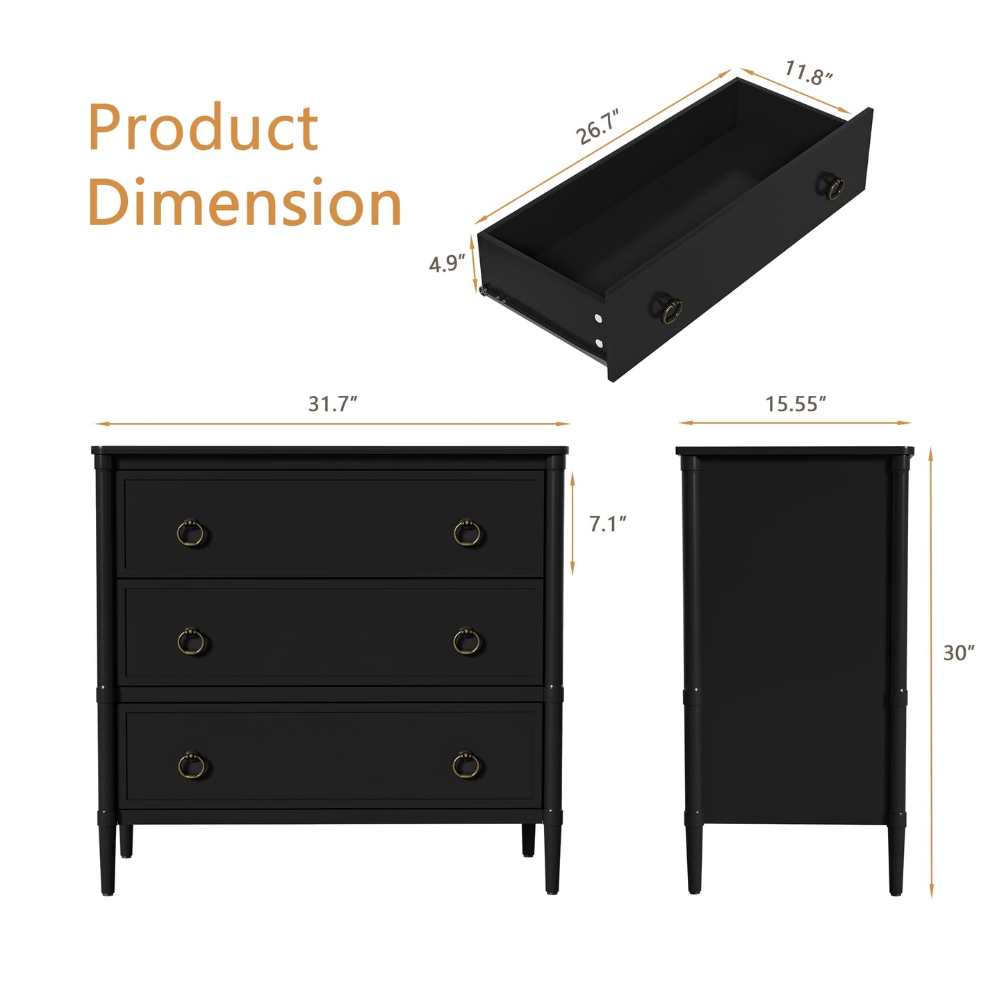 ZOSQUARE 3 Drawer Dresser, 32 Inch Wide Mid Century Chest of Drawers with Metal Handles, Storage Dresser for Bedroom, Nursery, Living Room, Dorm (Black)