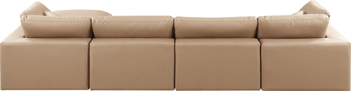 Meridian Furniture 188Tan-Sec5A Comfy Collection Modern | Contemporary Upholstered Modular Sectional, Soft Tan Vegan Leather, Fiber-Filled, 158" W x 79" D x 34.5" H, Tan