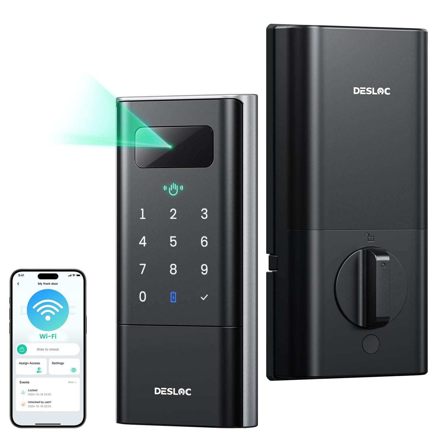 DESLOC Smart Lock K140 Plus with Palm Vein Recognition, Keyless Entry Door Lock with Keypad Deadbolt, App Control, Auto Lock Digital Door Lock for Front Door with Mechanical Key Backup, Black