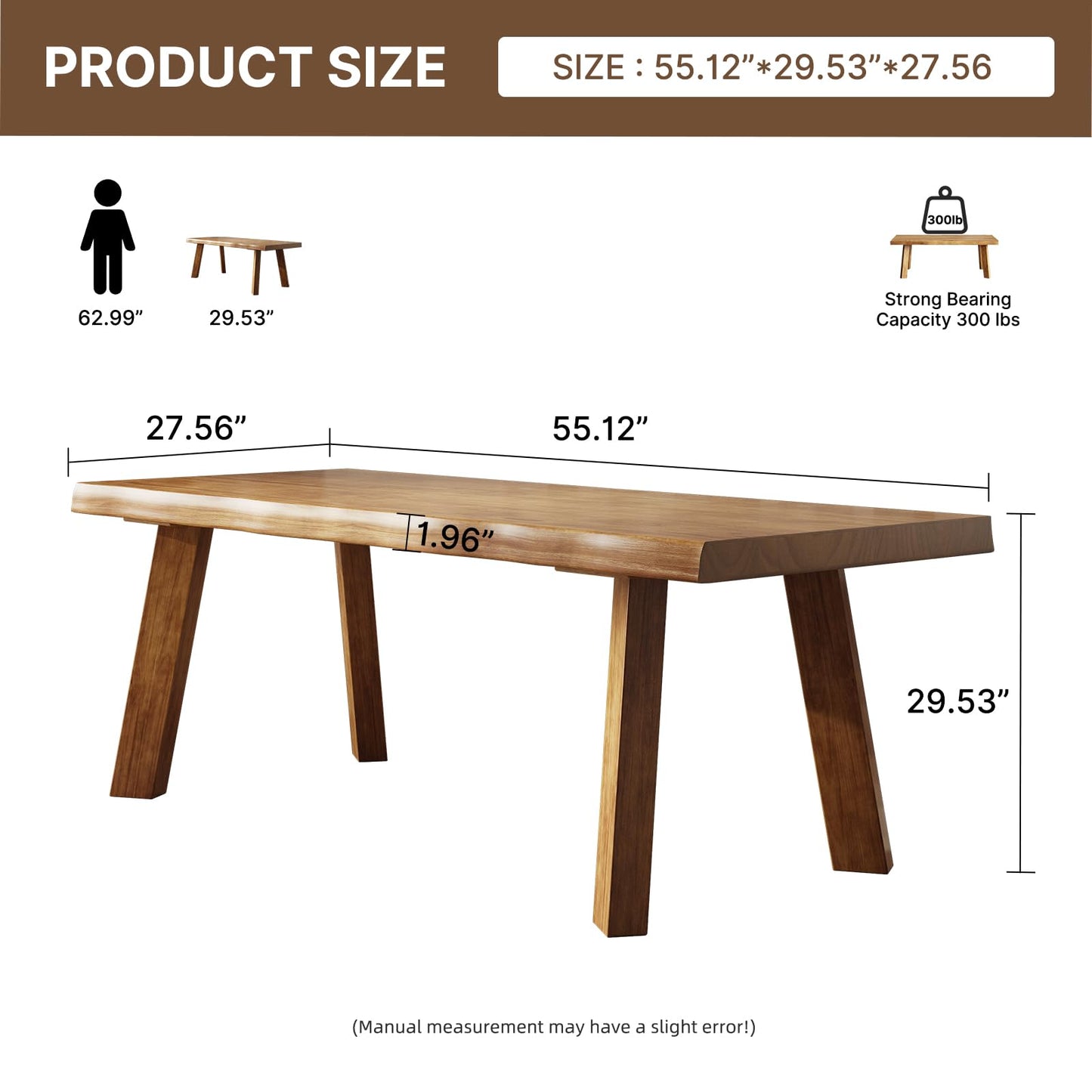 SXXjiaju Solid Wood Desk 55 inches, Live Edge Wooden Home Office Computer Desk Modern Simple Design for Writing, Study, Dining, Gaming