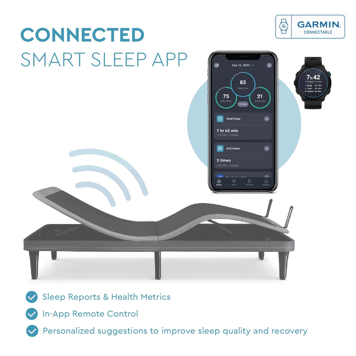 Ergomotion ErgoSportive Smart Adjustable Bed Frame - Sleep Tracking, Garmin Compatiblity, Auto-Anti Snore - Available in Twin, Queen, Split King (Split King)
