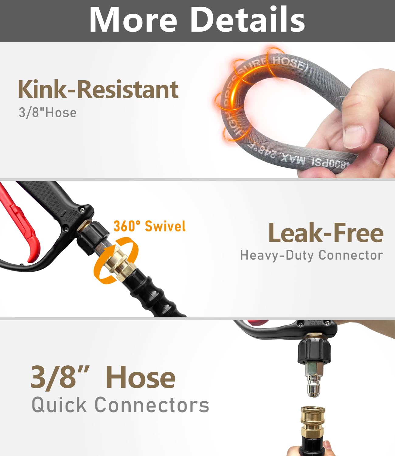 NAVOHEVEN 3/8" Pressure Washer Hose 200FT 4800 PSI, Kink Resistant Steel Braided Layer & NonMarking Rubber for Hot/Cold Water, High Power Washer Hose With 3/8 Inch Quick Connect & M22 Fitting, Gray