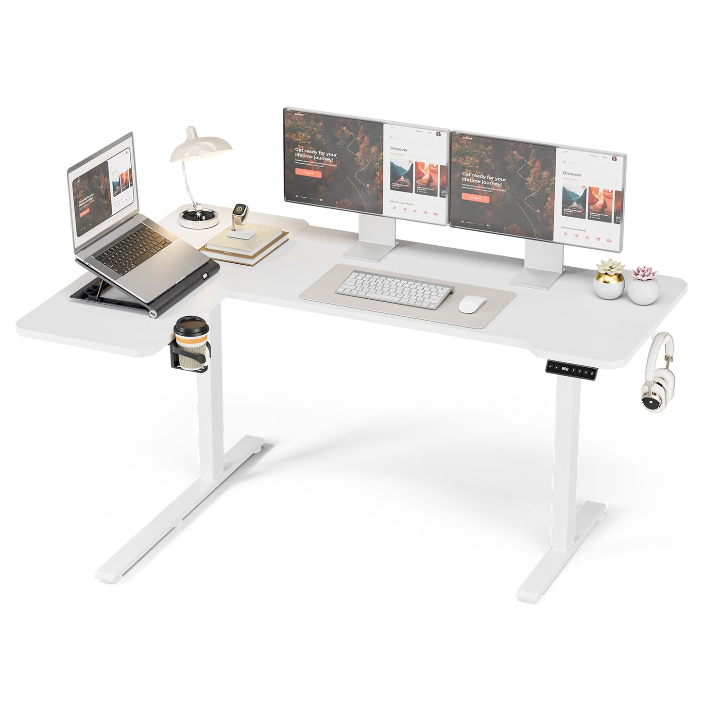 Acrolix L Shaped Electric Standing Desk - 59x40 Inch Reversible Corner Sit Stand Desk with Hook&Cup Holder,Electric Height Adjustable Table,for Home Office Gaming Computer Desk, White