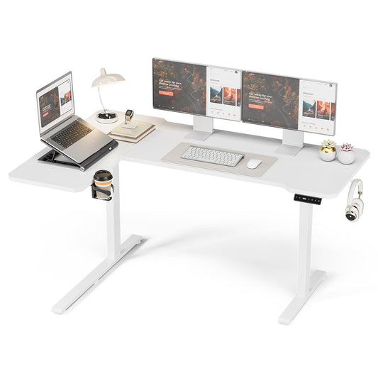 Acrolix L Shaped Electric Standing Desk - 59x40 Inch Reversible Corner Sit Stand Desk with Hook&Cup Holder,Electric Height Adjustable Table,for Home Office Gaming Computer Desk, White