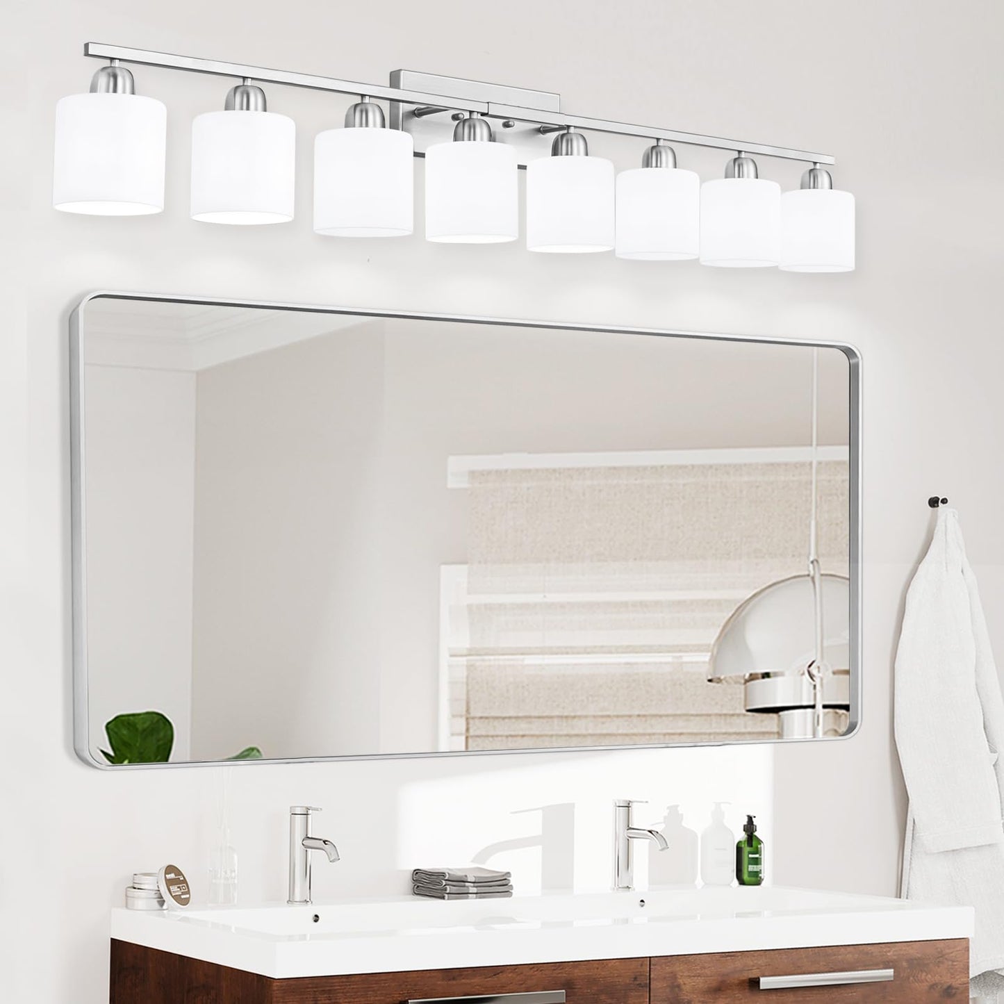 FAISHILAN Brushed Nickel Bathrooms Lights for Huge Mirror, 8 Light Anti-Rust Finish with Milky White Frosted Glass Shades, 51 Inch Above Mirror Lights for Bathroom, E26