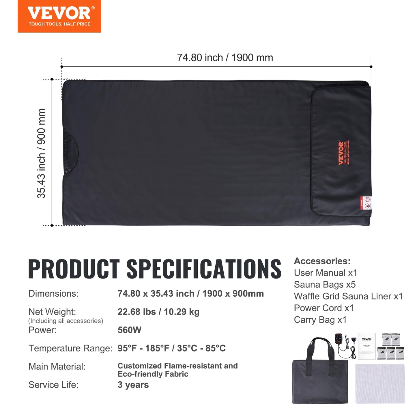 VEVOR Sauna Blanket for Detoxification, Portable Far Infrared Sauna for Home, PU Sauna Bag w/Therapy Stones & Carbon Fiber Heating, 1-6 Level Adjustable Temp 95-185℉, 1-60 Minutes Timer, 75 x 35in