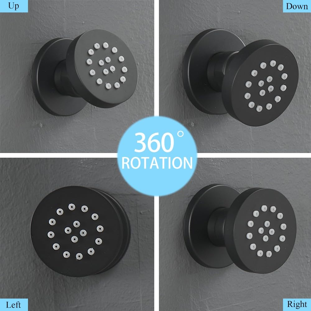 HXYHS Matte Black Round Shower Faucet Set with Body Jets 12 Inch Shower Head Handheld Shower Combo Set High Pressure Ceiling Mount with Rough-in Valve