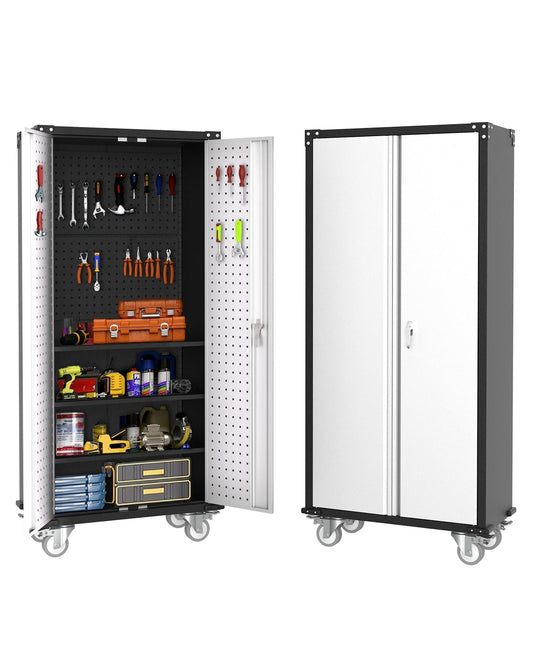 Garvee Cabinet Metal Storage Cabinet with Wheels, Heavy Duty Steel Rolling Organizer with Lockable Doors, Adjustable Shelves, Utility Garage Cabinet for Home, Office, Workshop, Laundry Room, Kitchen