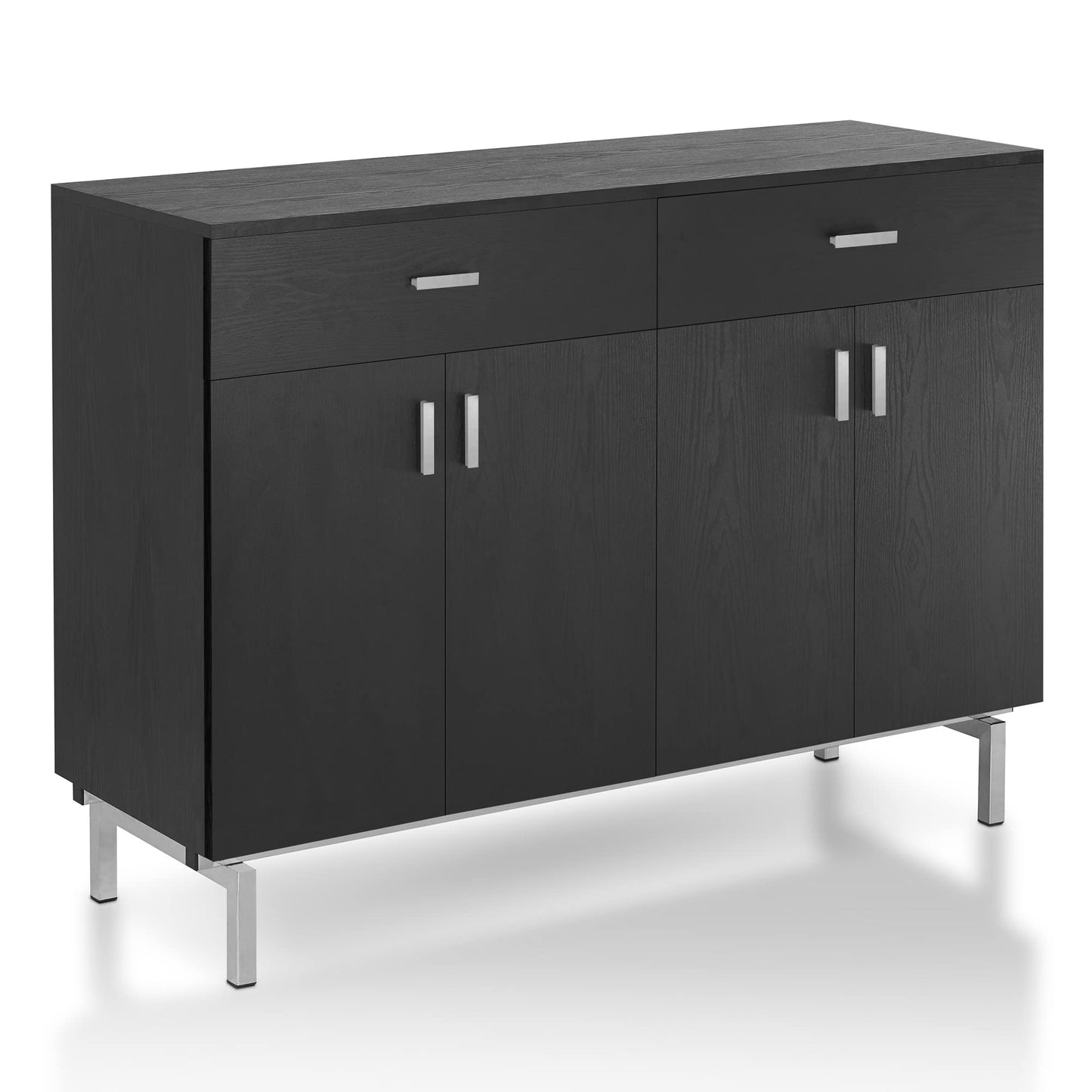 Furniture of America Brysin Modern 48-inch Sideboard Buffet Cabinet with Removable Wine Holder, 2 Drawers On Metal Glides and 2 Storage Compartments for Dining Room, Black and Silver