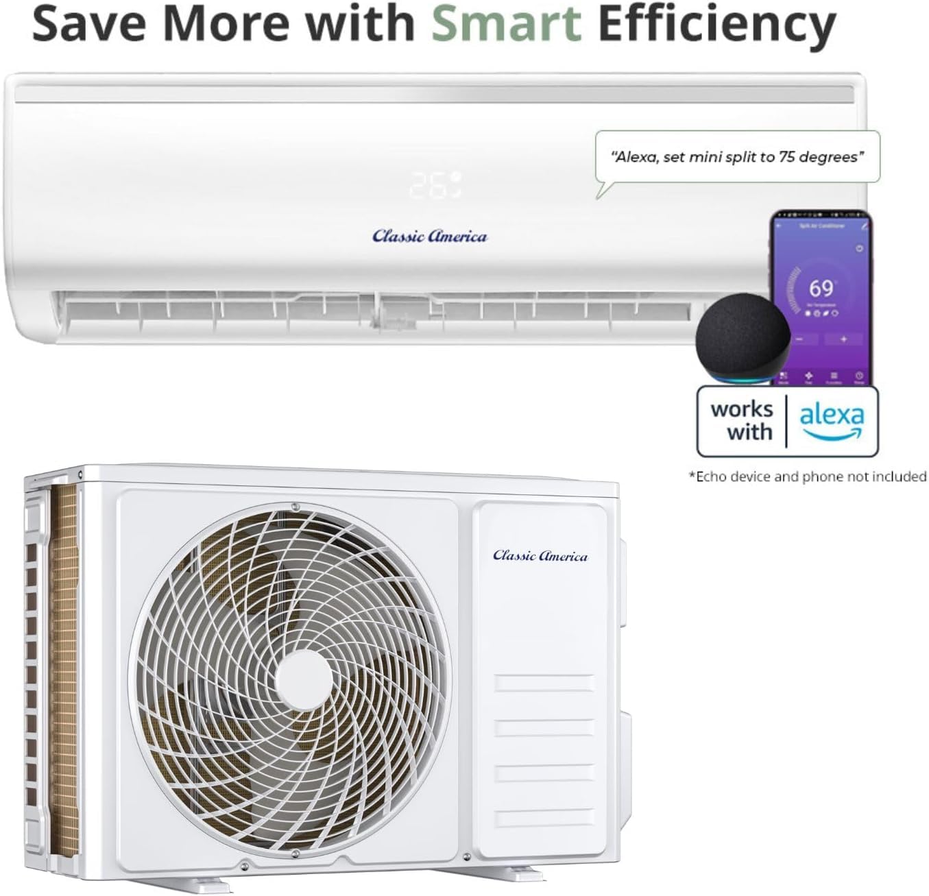 Vtronix Classic America 12000 BTU Smart Mini Split AC/Heat Pump, 17 SEER2 Inverter Ductless Wall Mount, 110/120V, Quiet 29dB, WiFi/Alexa, Pre-Charged, 16ft Line Set Kit, Up to 550 Sq Ft