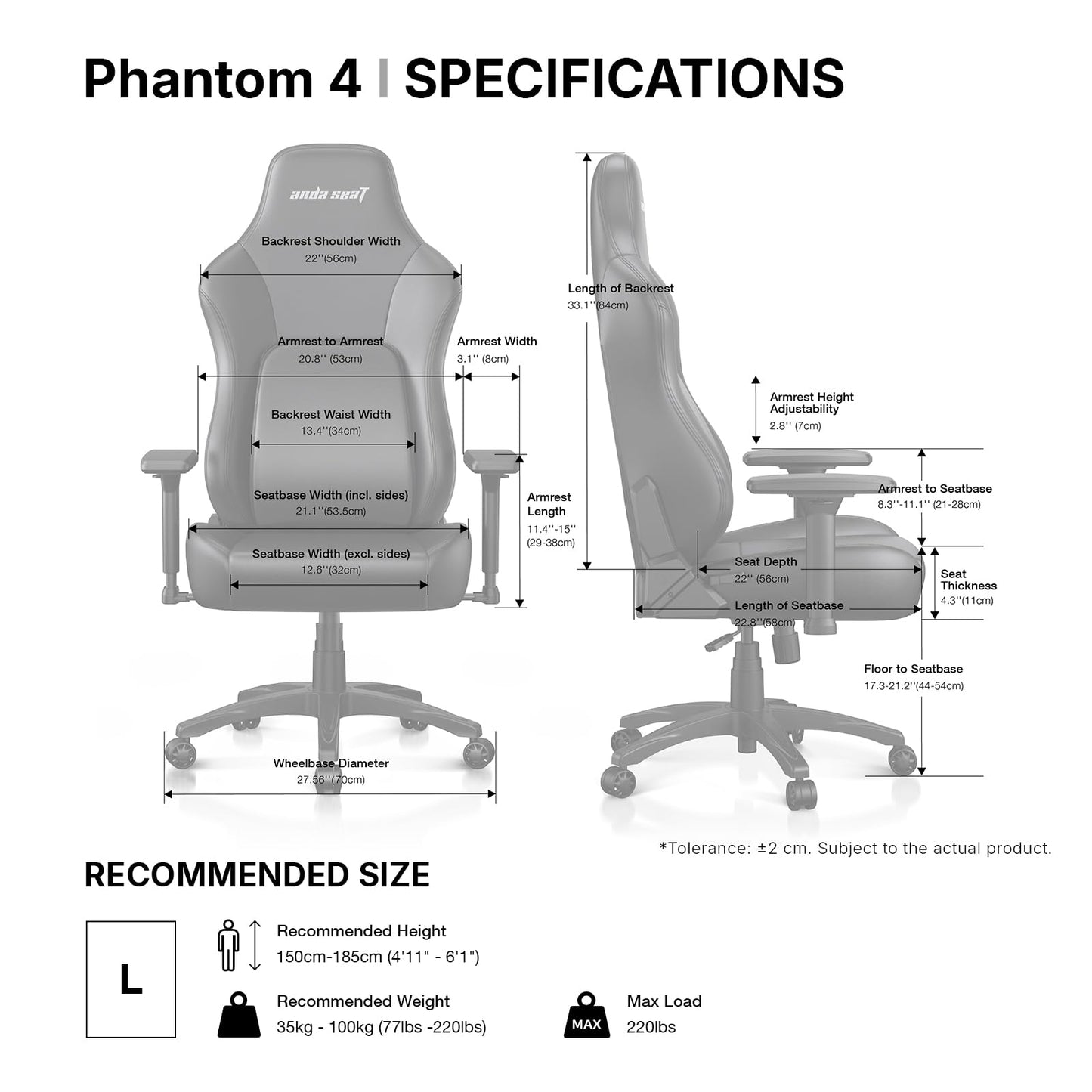 Anda Seat Phantom 4 Gray Fabric Gaming Chairs for Adults - Large Wide Seat Gamer Chair with Dynamic Lumbar Support, Comfortable Ergonomic Video Game Seats with Headrest - 2D Armrests