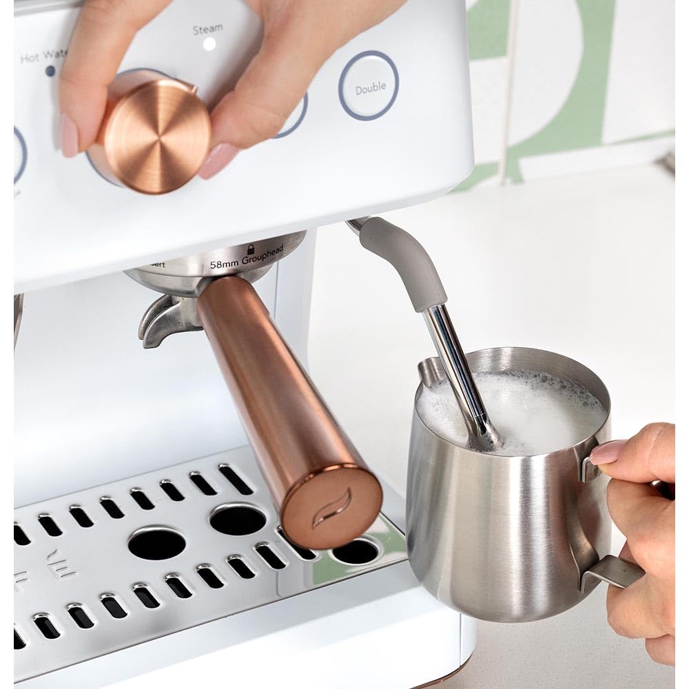 Café Bellissimo Semi Automatic Espresso Machine with Grinder & Milk Frother | Copper Accents | WiFi App Control | Large 95oz Tank | Matte White