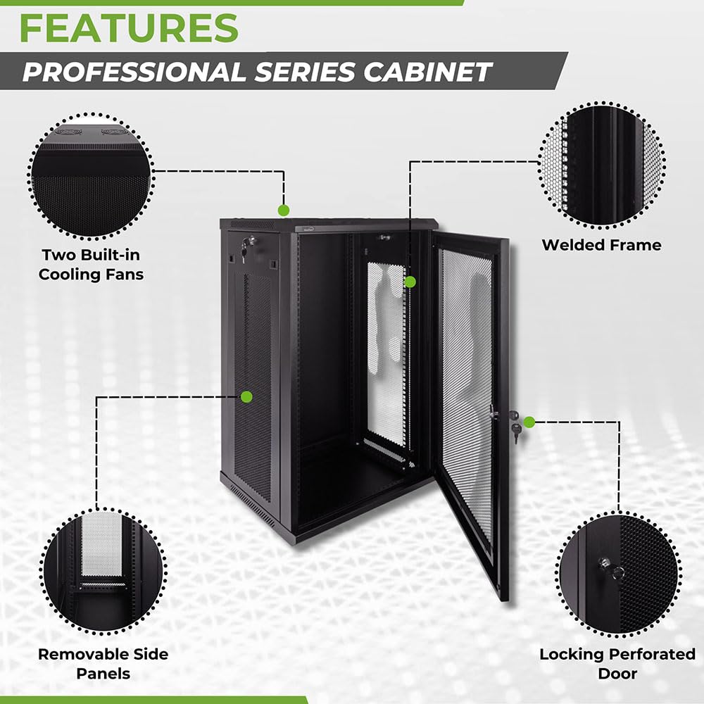 NavePoint 18U Server Rack Enclosure - 17.7” Deep, Wall Mount Network Cabinet with Locking Perforated Door, 19” IT Equipment Compatible, Network Rack, Removable Side Panels, Black