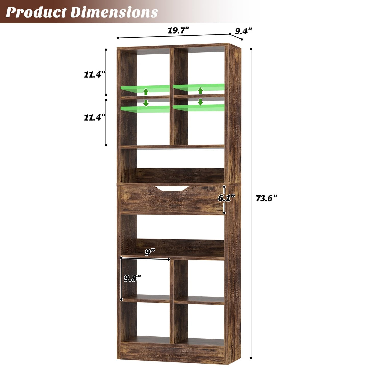Armocity 8-Tier Tall Bookshelf with Drawer, 73.6" Narrow Freestanding Bookcase, Space-Saving Wood Display Shelves Storage for Living Room, Home Office Bedroom, Rustic Brown